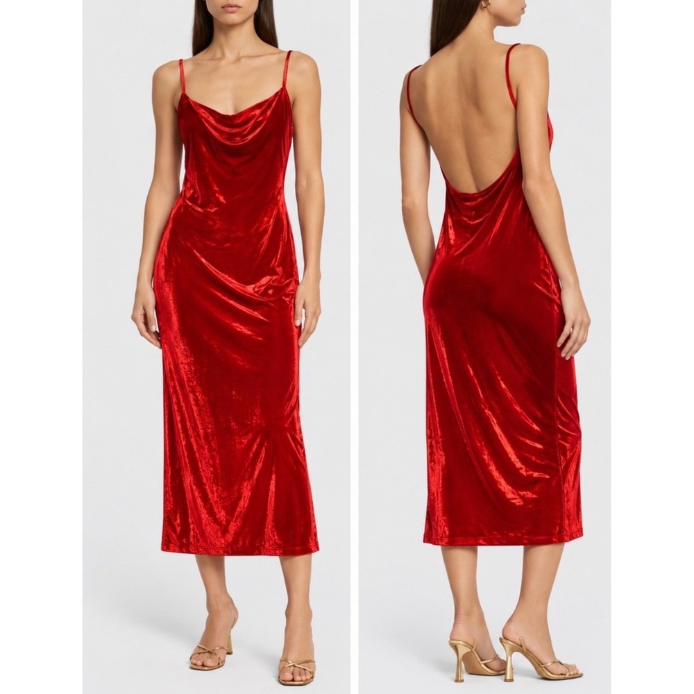 Reformation Red Velvet Cowl Neck Open Back Midi Dress XL New
